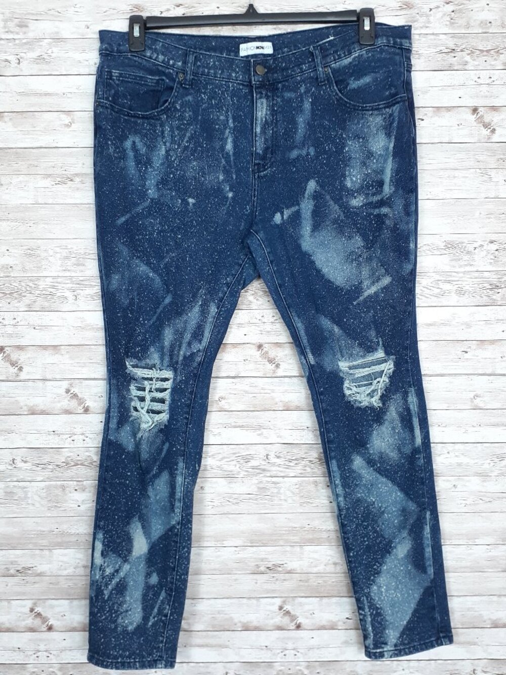 Fashion Nova Mens Jeans 42 Waist Stretch Distress Bleached Dark Wash 753A